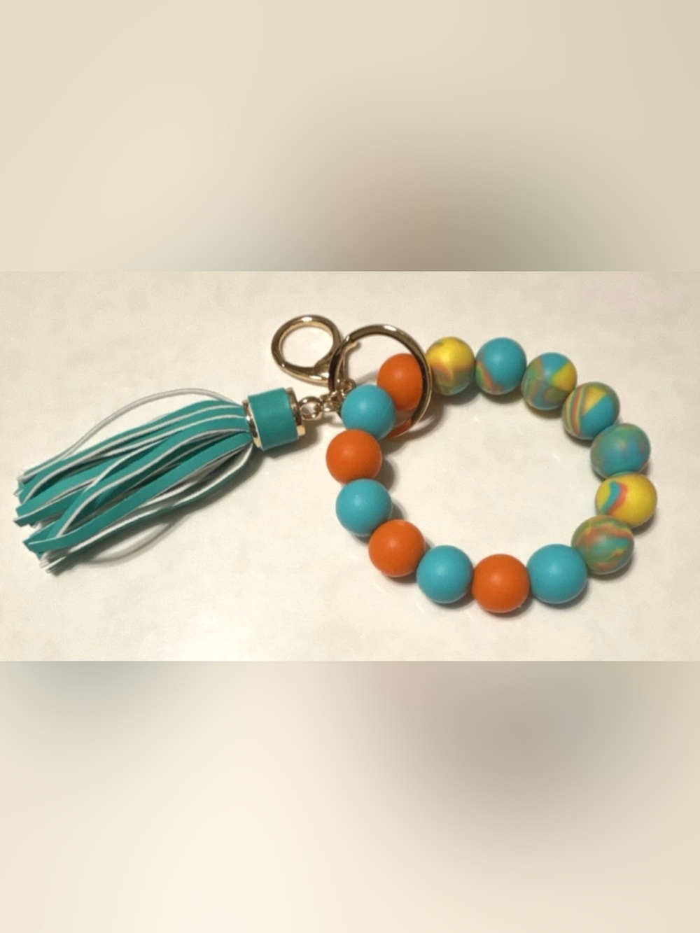 Turquoise & Orange Beaded Keychain with Tassel